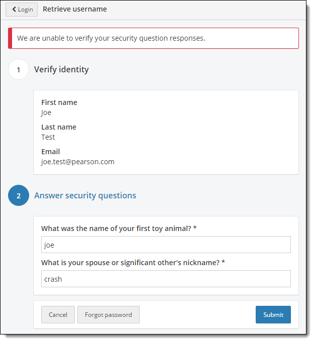 Retrieve username pqge. We are unable to verify your security question responses message.